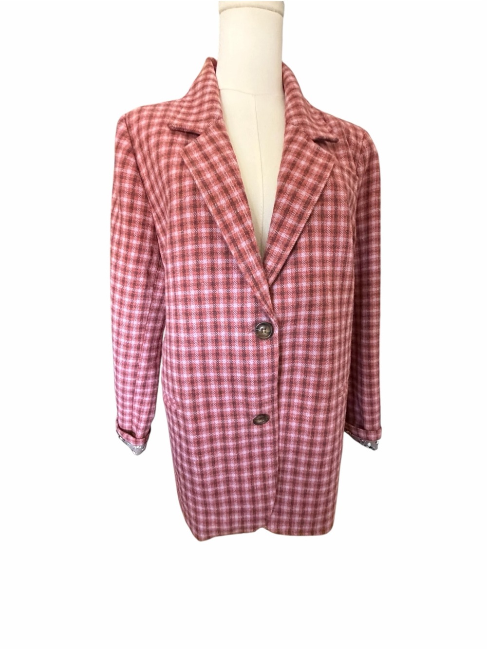 NWT Sundance The Lisa Pink Plaid Single-Breasted Wool Blend Blazer Sz Med